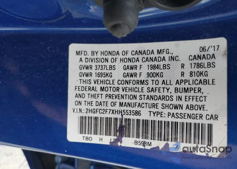 2017 Honda Civic Ex из США, поврежденный, VIN 2HGFC2F7XHH553586